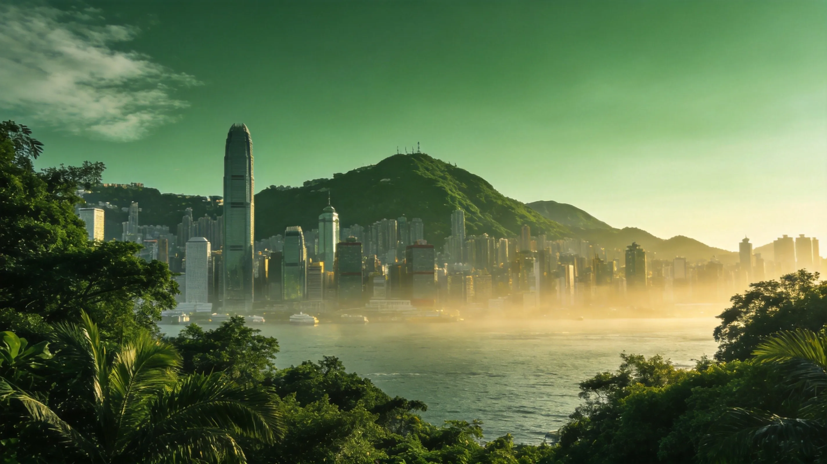 香港維多利亞港天際線與翠綠山脊